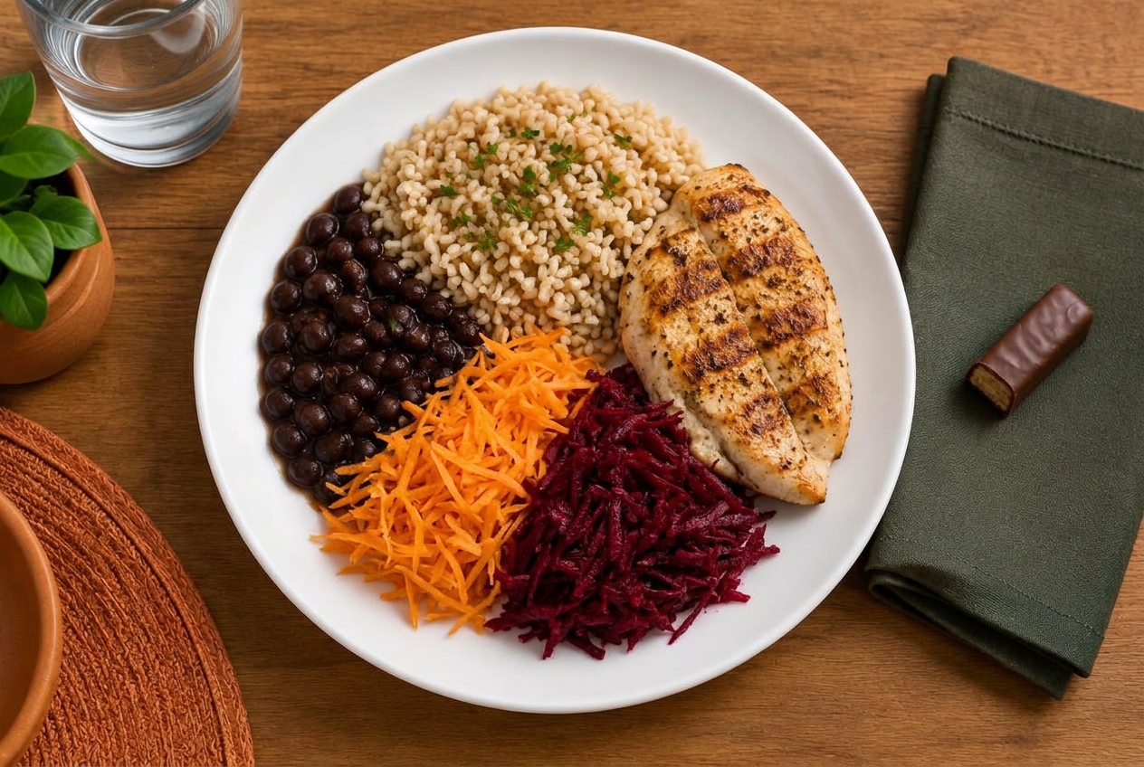 Prato com arroz, feijão, frango grelhado, legumes e chocolate