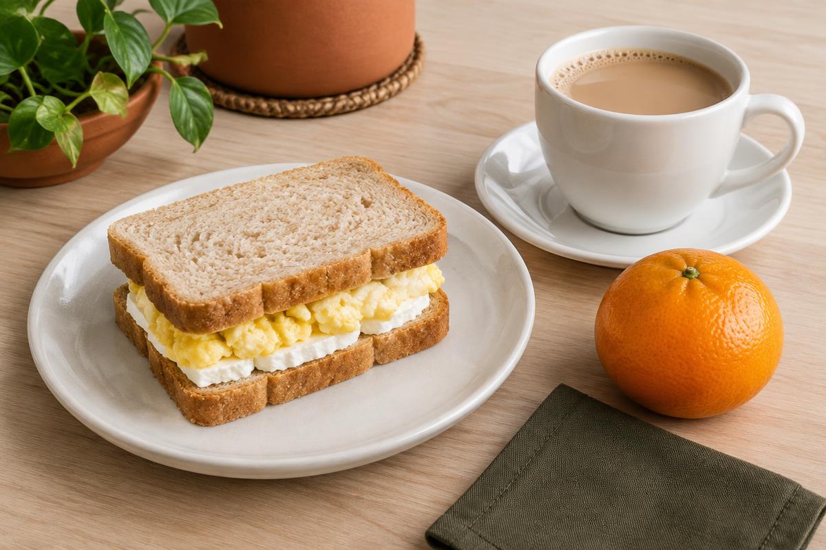 Sanduíche com ovo e queijo, bergamota e café com leite