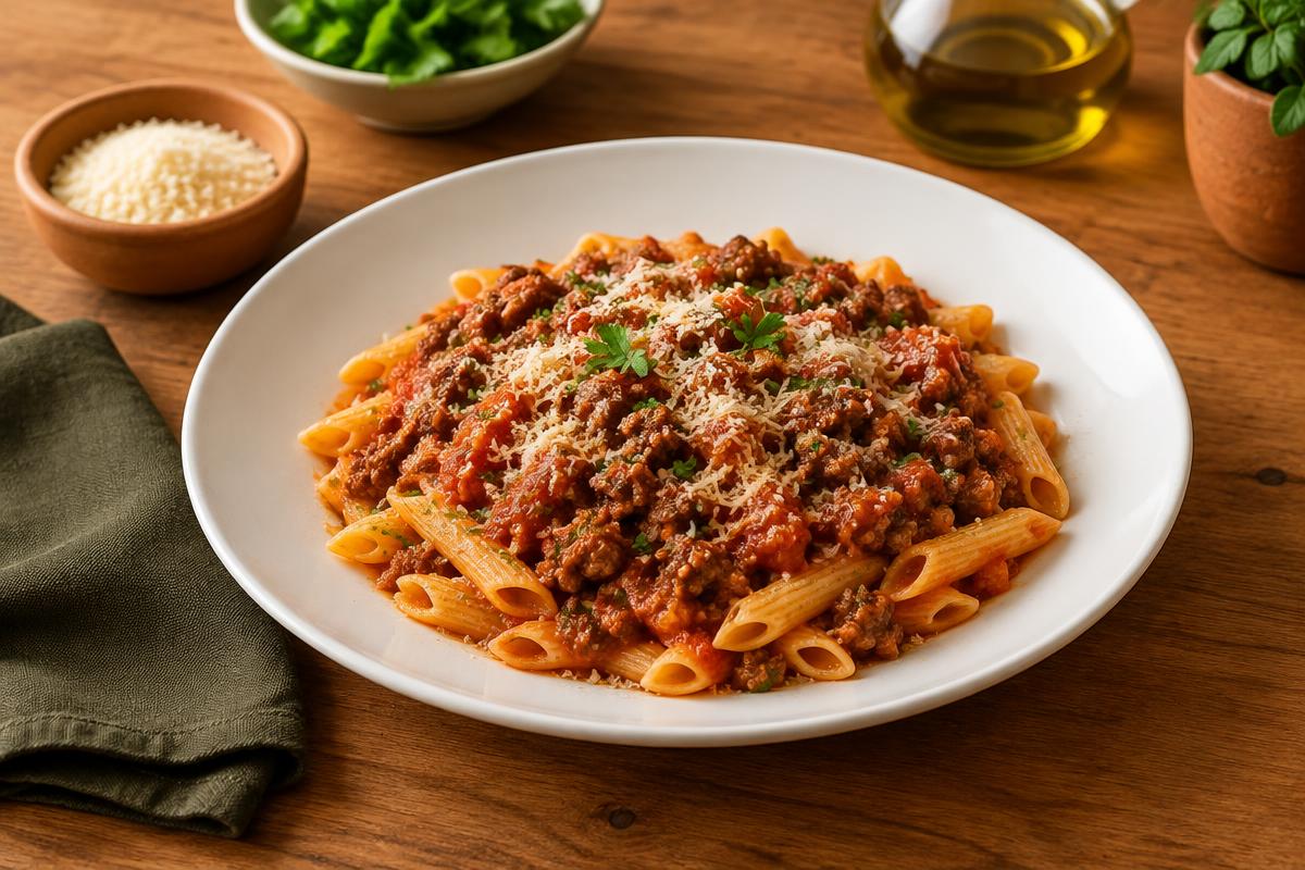 Massa com molho de tomate, patinho moído e parmesão