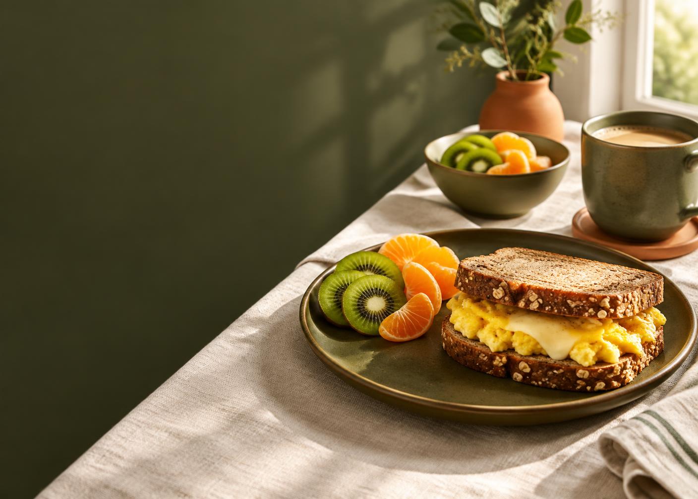 Café da manhã com sanduíche, frutas e café com leite